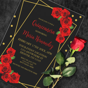 Convite Rosa Vermelha Preta e Dourada Quinceañera