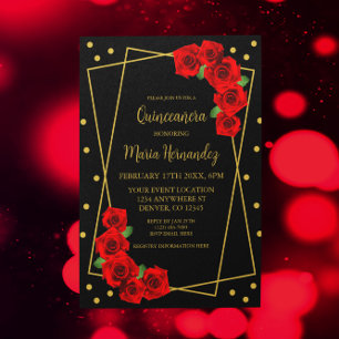 Convite Rosa Vermelha Preta e Dourada Quinceañera