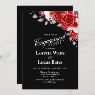 Convite Rosa vermelha Preto Floral Festa de noivado