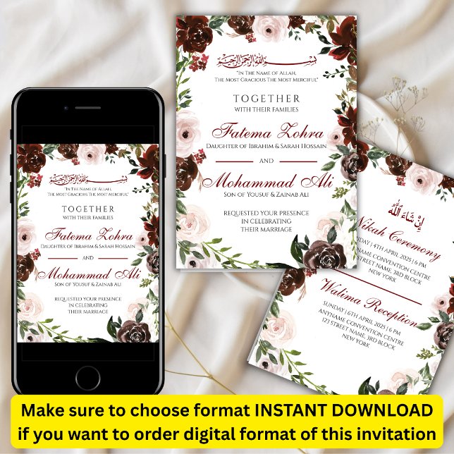 Convite Rosa vermelha Radiante Casamento Muçulmano Nikah (Criador carregado)