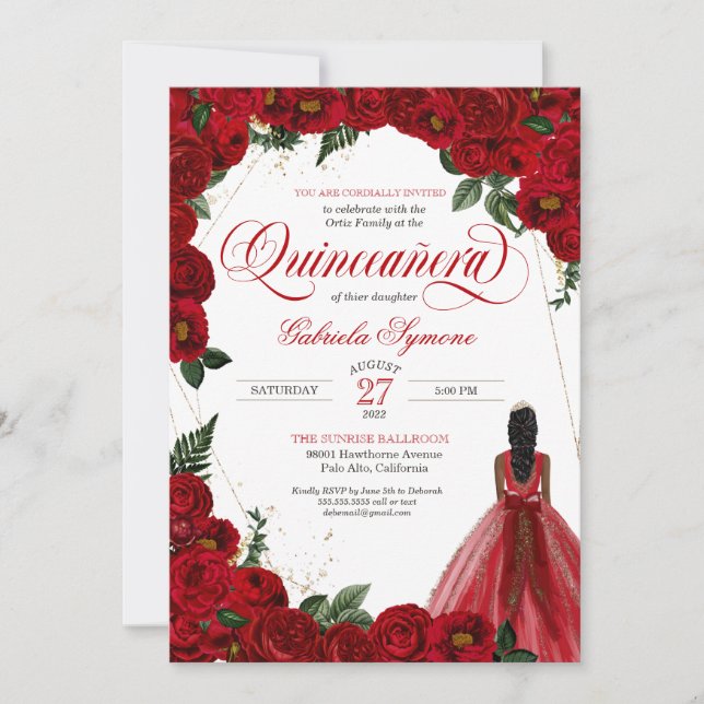Convite Rosa vermelha, Rico Dourado, Red Ball Gown Quincea (Frente)