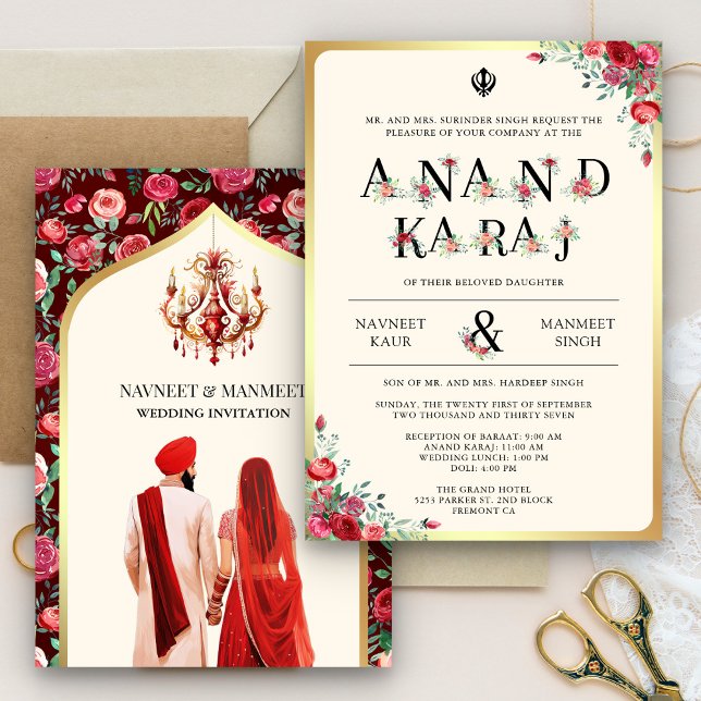 Convite Rosa vermelha Tipografia Anand Karaj Sikh Casament (Criador carregado)