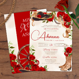 Convite Rosa vermelha Vintage Charro Western Quinceanera