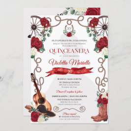 Convite Rosa vermelha Western Quinceañera Elegant Charro