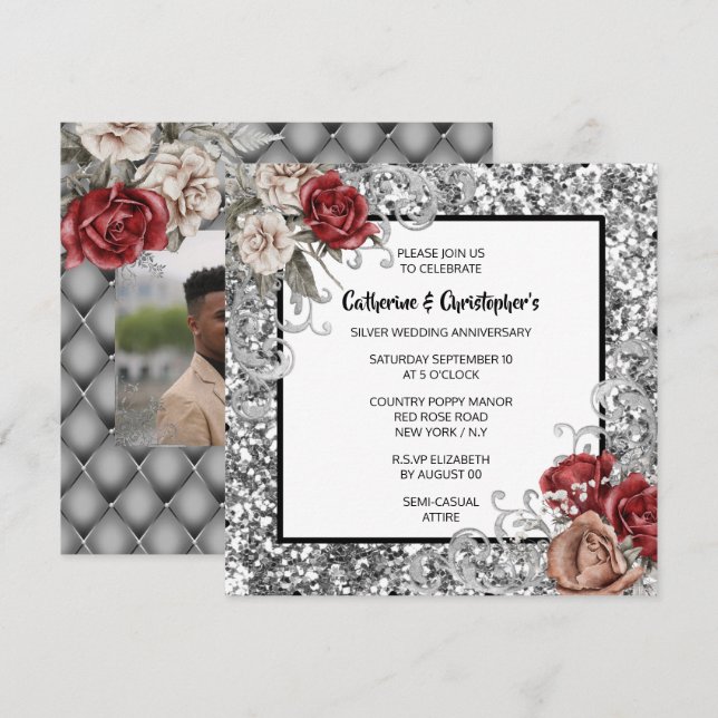 Convite Rosa vermelho brilho prateado brilho rosas vintage (Frente/Verso)