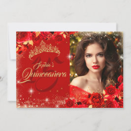 Convite Rosa Vermelho Dourado Quinceanera Floral Foto