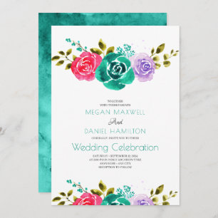 Convite Rosa Vermelho Teal Roxo Casamento Floral