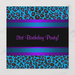 Convite Rosa Vibrante Azul Turquesa Roxo Leopardo  21º Ani