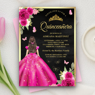 Convite Rosa Vibrante Floral Borboleta Preto Dourado Quinc