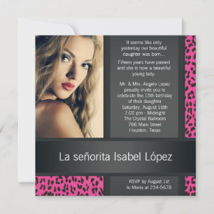 Convite Rosa Vibrante Leopardo Foto Personalizada Quincean