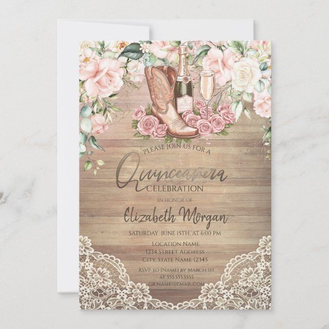 Convite Rosa Vinho Bota Lace Quinceanera (Frente)