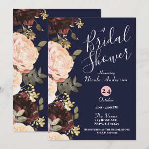 Convite Rosa Vinho Floral Azul Marinho Chá de Noiva