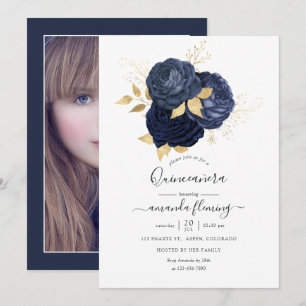 Convite Rosa Vintage Azul Marinho e Dourado Foto Quinceañe