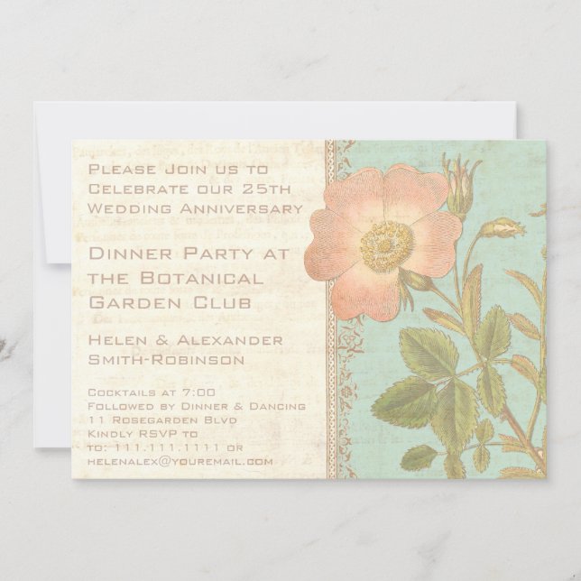 Convite Rosa Vintage Elegante Jantar de 25º Aniversário (Frente)