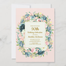 Rosa Vintage Floral Teal Aniversário de 90 anos pa