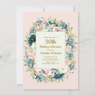 Convite Rosa Vintage Floral Teal Aniversário de 90 anos pa