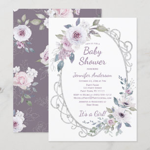 Convite Rosa Violet Floral Silver Glitter Chá de fraldas