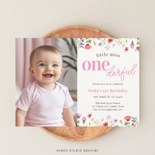 Convite Rosa Wildflower Little Miss primeiro aniversario M