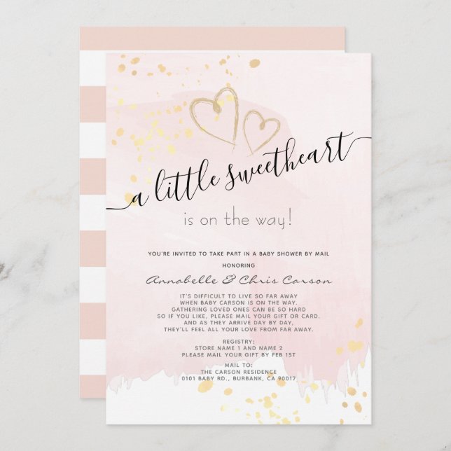 Convite Rosa x Dourado Swetheart Baby Showerby Mail (Frente/Verso)