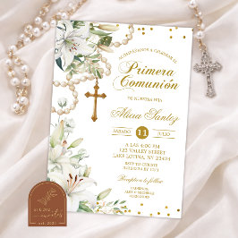 Convite Rosário Floral de Lírio Branco Católico Primera Co