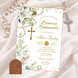 Convite Rosário Floral de Lírio Branco Católico Primera Co