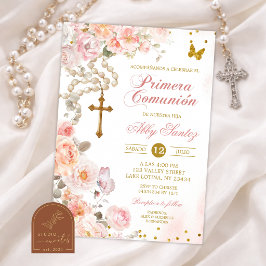 Convite Rosário Floral Flor de Rosa Católico Sagrada Comun