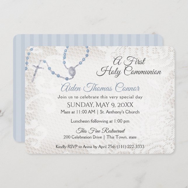 Convite Rosary e Lace First Communion Blue (Frente/Verso)