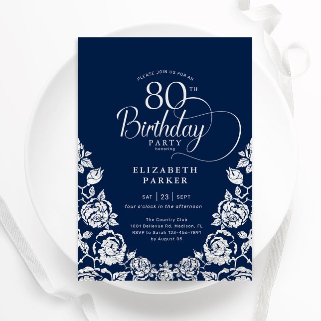 Convite Rosas 80 Birthday Marinho Silver (Criador carregado)