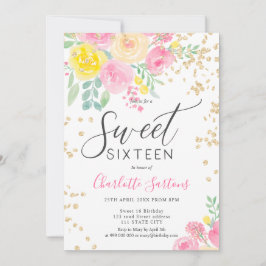 Convite Rosas amarelas cor-de-rosa, guião dourado floral, 