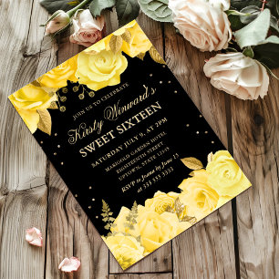 Convite Rosas Amarelas e Douradas Floral Sweet 16