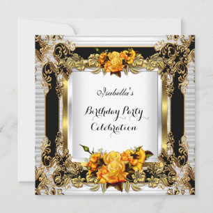 Convite Rosas Amarelas Elegantes Dourado Branco Preto Aniv