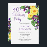 Convite Rosas Amarelas Violet 40ª Festa de aniversário de<br><div class="desc">Celebrando a sua 40ª "Festa de aniversário" com rosas amarelas e violetas roxas e é essa a base desse design floral cascata com texto roxo. Design composto por Holiday Hearts Design (direitos reservados). Se você tiver alguma dúvida ou precisar de assistência com o design, por favor, envie-nos uma mensagem ou...</div>