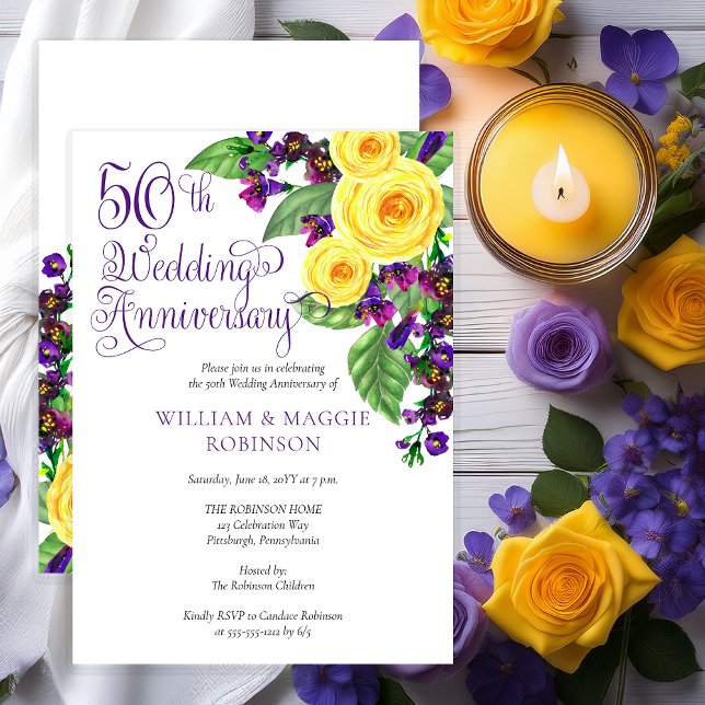 Convite Rosas Amarelas Violet 50ª Festa de aniversário Cas (Elegant Yellow Roses and Purple Violets Floral 50th 50th Birthday Party Invitation - Print | Digital)