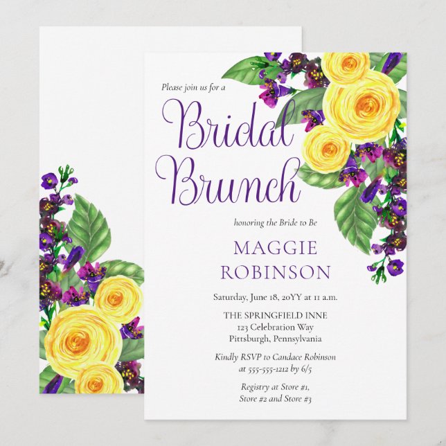 Convite Rosas Amarelas | Violets Boho Floral Bridal Brunch (Frente/Verso)