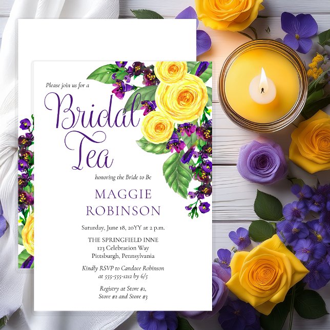 Convite Rosas Amarelas | Violets Boho Floral Bridal Tea (Elegant Yellow Roses and Purple Violets Floral Bridal Tea Shower Invitation - Print | Digital)