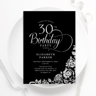 Convite Rosas aniversário de 30 anos preto Elegante simple