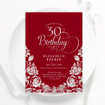 Convite Rosas aniversário de 30 anos Red Silver<br><div class="desc">Convite de festas aniversário de 30 anos elegante prata vermelha. Design clássico com rosas, folha prateada falsa e letra de script de tipografia. A Trendy convida o cartão perfeito para uma festa de na moda. Personalize com seus próprios detalhes. Pode ser personalizado para qualquer idade. Impressos convites Zazzle ou modelo...</div>