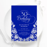 Convite Rosas aniversário de 30 anos Royal Blue Silver<br><div class="desc">Convite de festas aniversário de 30 anos real azul-prateado elegante. Design clássico com rosas, folha prateada falsa e letra de script de tipografia. A Trendy convida o cartão perfeito para uma festa de na moda. Personalize com seus próprios detalhes. Pode ser personalizado para qualquer idade. Impressos convites Zazzle ou modelo...</div>