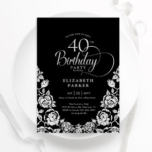 Convite Rosas aniversário de 40 anos Black Silver