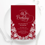 Convite Rosas aniversário de 40 anos Red Silver<br><div class="desc">Convite de festas aniversário de 40 anos elegante prata vermelha. Design clássico com rosas, folha prateada falsa e letra de script de tipografia. A Trendy convida o cartão perfeito para uma festa de na moda. Personalize com seus próprios detalhes. Pode ser personalizado para qualquer idade. Impressos convites Zazzle ou modelo...</div>