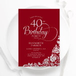Convite Rosas aniversário de 40 anos Red Silver Elegante S<br><div class="desc">Simples convite de festas elegante em vermelho e prata. Design clássico com rosas, folha prateada falsa e letra de script de tipografia. A Trendy convida o cartão perfeito para uma festa de na moda. Personalize com seus próprios detalhes. Pode ser personalizado para qualquer idade. Impressos convites Zazzle ou modelo de...</div>