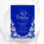 Convite Rosas aniversário de 40 anos Royal Blue Silver<br><div class="desc">Convite de festas aniversário de 40 anos real azul-prateado elegante. Design clássico com rosas, folha prateada falsa e letra de script de tipografia. A Trendy convida o cartão perfeito para uma festa de na moda. Personalize com seus próprios detalhes. Pode ser personalizado para qualquer idade. Impressos convites Zazzle ou modelo...</div>
