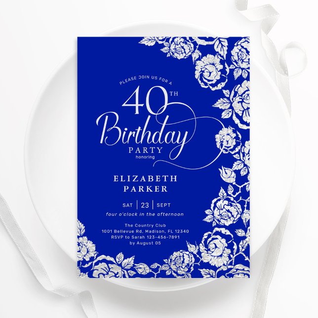 Convite Rosas aniversário de 40 anos Royal Blue Silver Ele (Criador carregado)