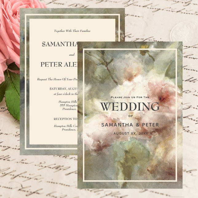 Convite Rosas Antigas Elegantes, Flores Rosa Suave Aquarel (Elegant Antique Roses, Soft Pink & Green Wedding Invitation)