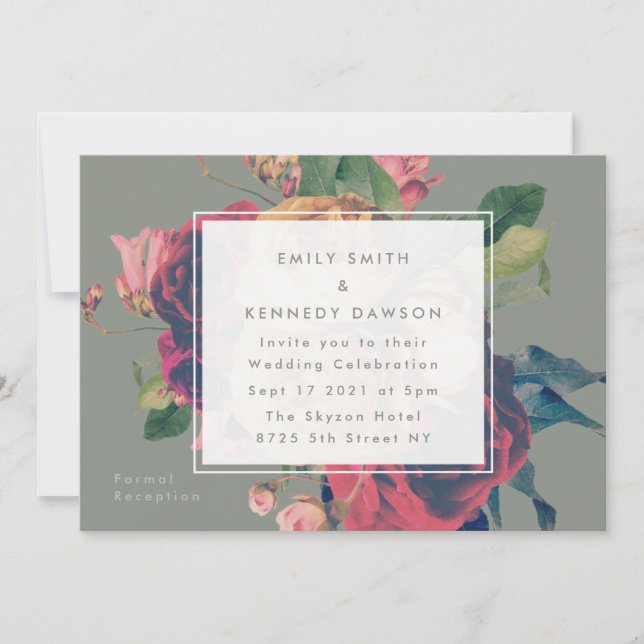 Convite Rosas Antigos Vintage Casamento Verde da Mosa (Frente)