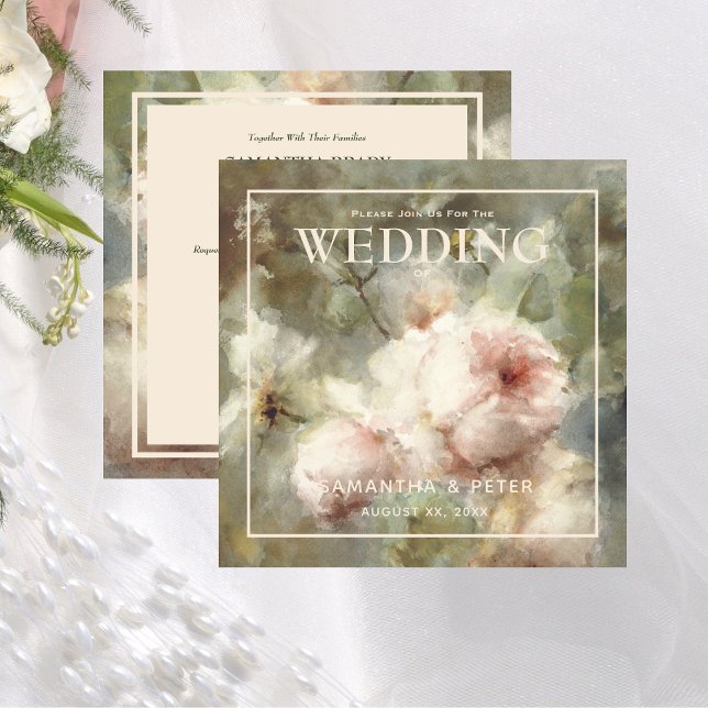 Convite Rosas Antiguos Elegantes, Floral de Molho Cor de Á (Elegant Antique Roses, Soft Pink Watercolor Floral Invitation 2)