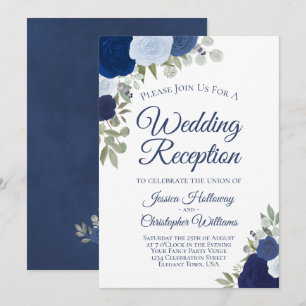 Convite Rosas Aquarela Azul Recepção de Casamento Elegante