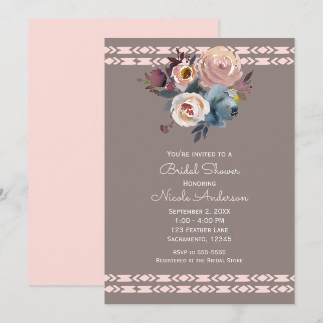Convite Rosas Aquarela Boho Rosa Bege Chá de Bebê (Frente/Verso)