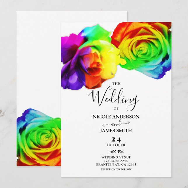 Convite Rosas Arco-Íris Coloridas Floral Ousada Casamento  (Frente/Verso)