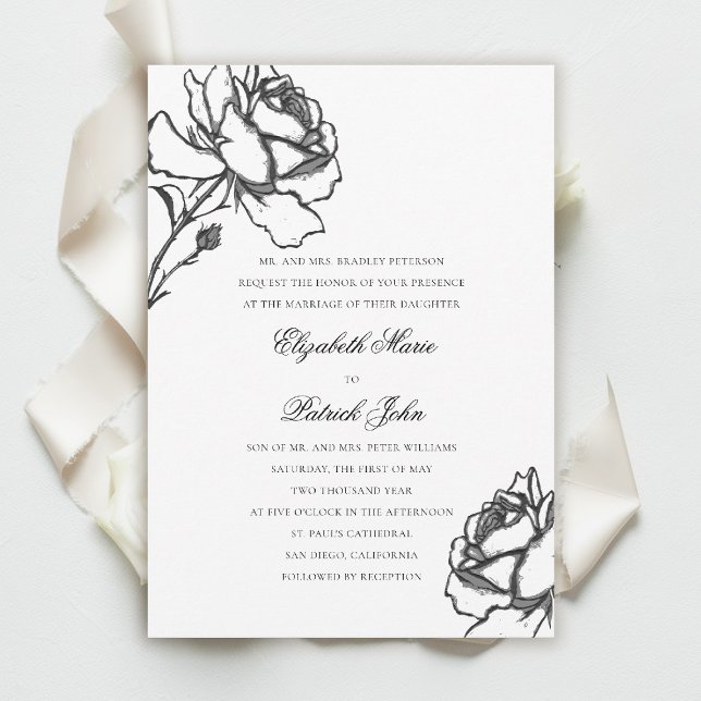 Convite Rosas Arte Moderno Clássico Formal Pais Casamento (black and white wedding invitation roses floral formal traditional modern classic parents host art)